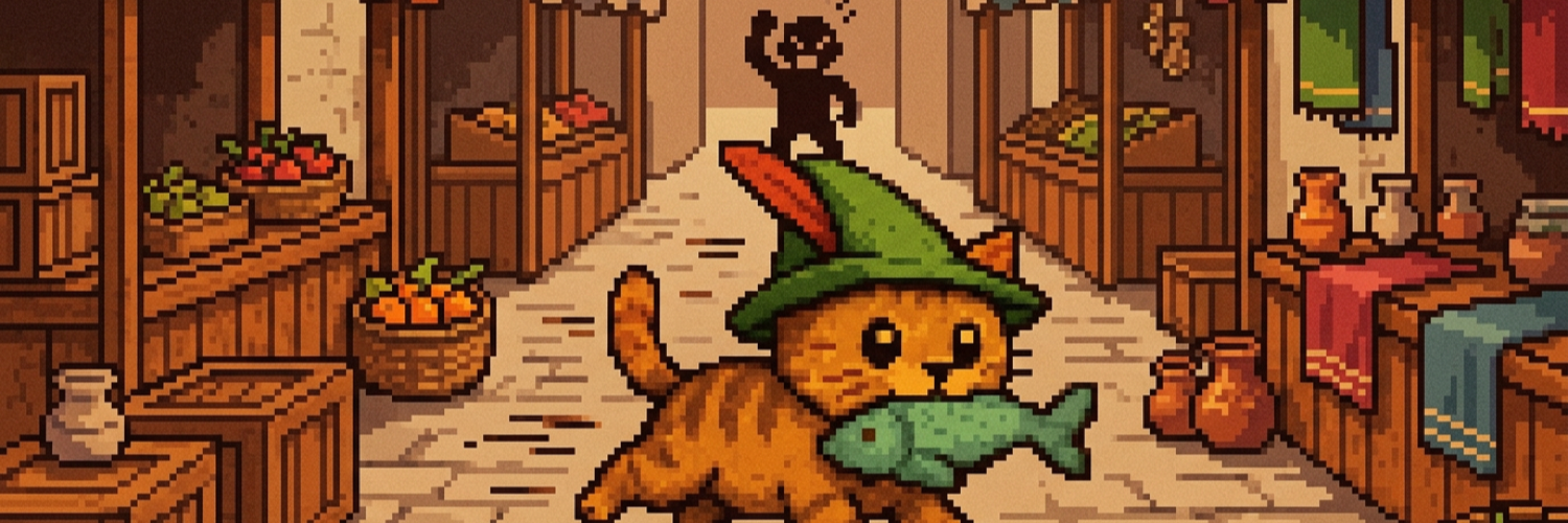 Pixel art market alley: a cat in a green Robin Hood hood with a red feather runs off with a stolen fish while a shopkeeper silhouette shakes a fist far behind him